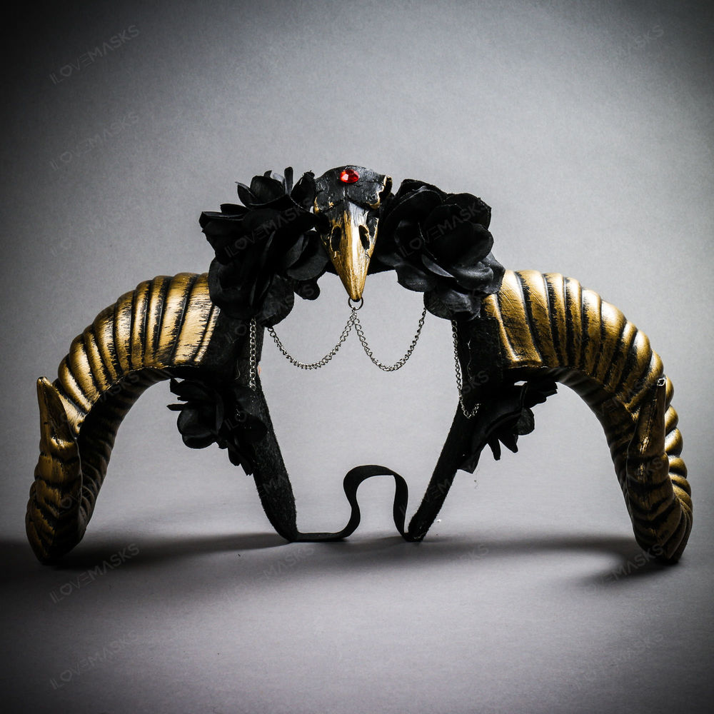 Gothic Demon Raven Skull Large Horn & Rose Headband - Black Gold